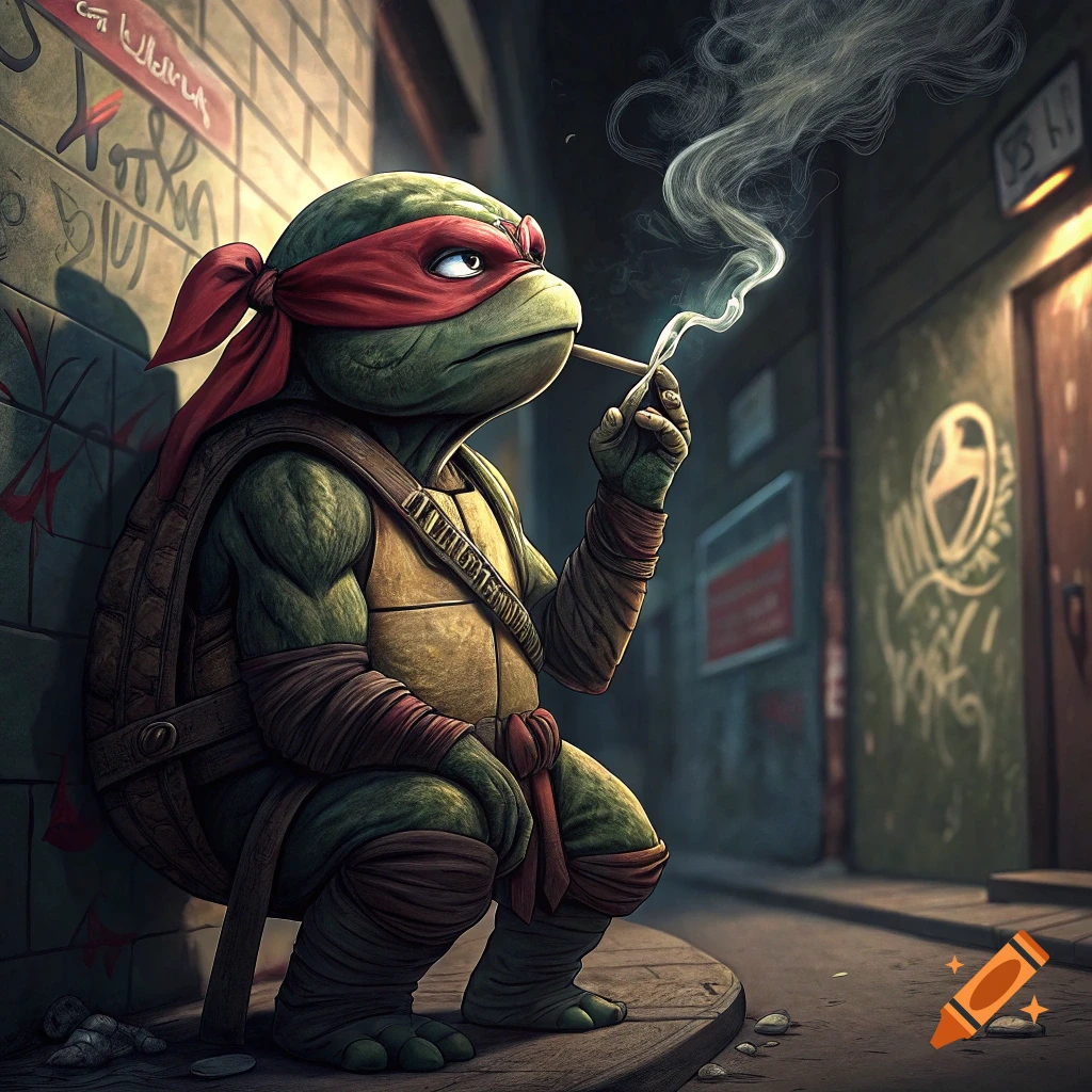 Photorealistic illustration of Raphael from TMNT smoking a blunt in a dark, graffiti-covered alley.