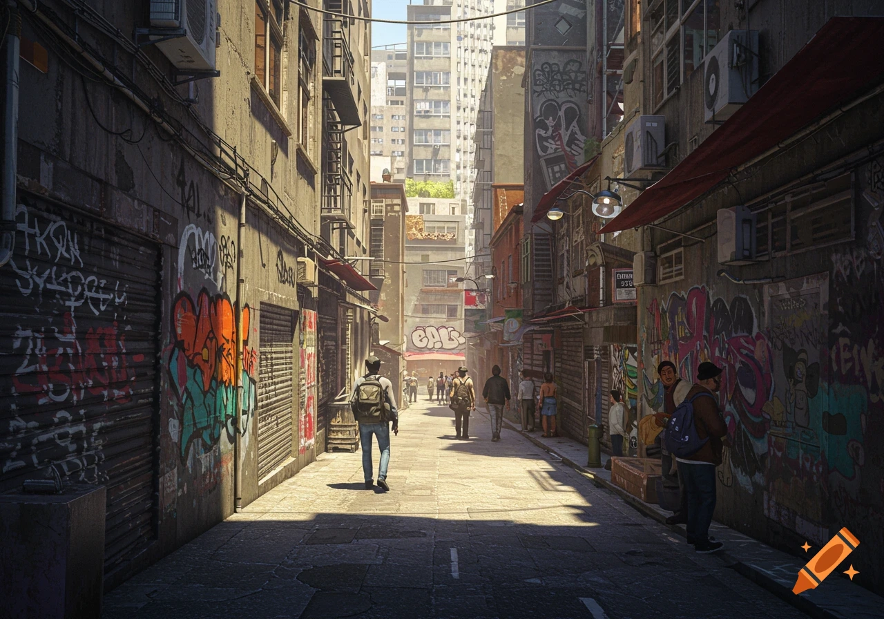 A sunlit, narrow city alley covered in colorful graffiti, with several people walking through it, surrounded by tall buildings.
