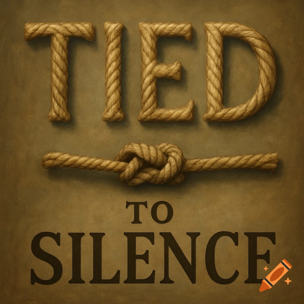 The word 'TIED' rendered in rope letters, with a rope knot below, followed by the words 'TO SILENCE' in dark capital letters on a textured brown background.