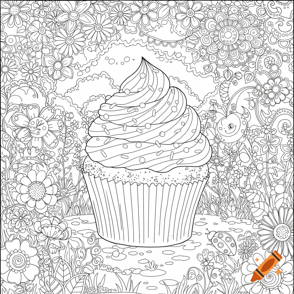 Black and white line art coloring page of a cupcake with swirled frosting and sprinkles, surrounded by intricate flowers.