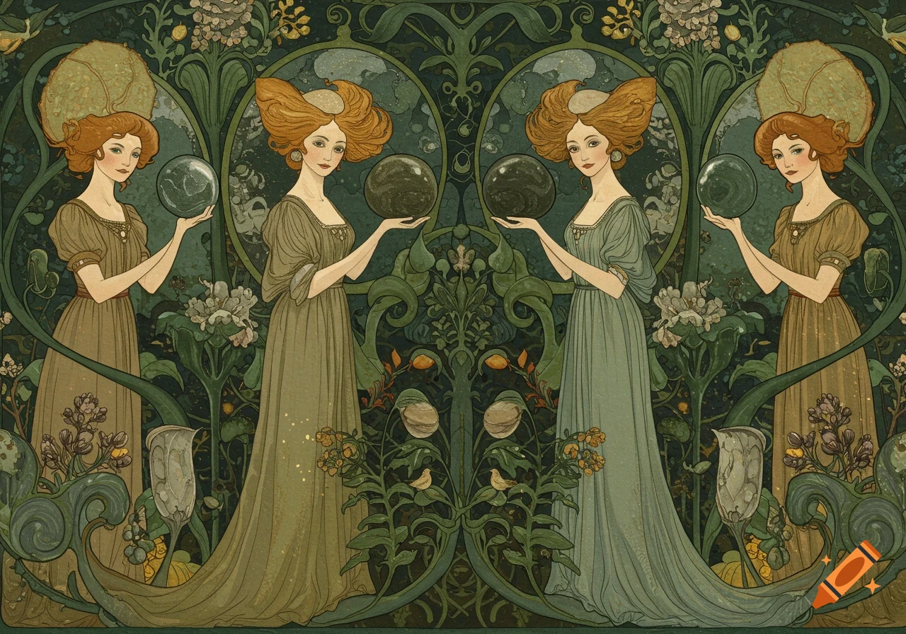 Four women in Art Nouveau style, two holding dark orbs, amidst lush green foliage with floral patterns.