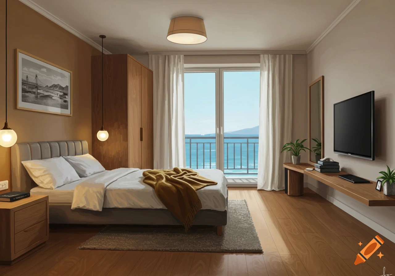 A sophisticated digital painting of a modern bedroom with a bed, wardrobe, TV, and a balcony view of the sea and mountains.