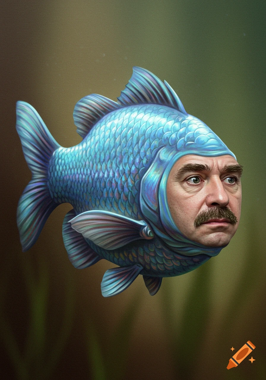 A photorealistic blue fish has a man's face with a mustache, looking intently, against a blurry green background.