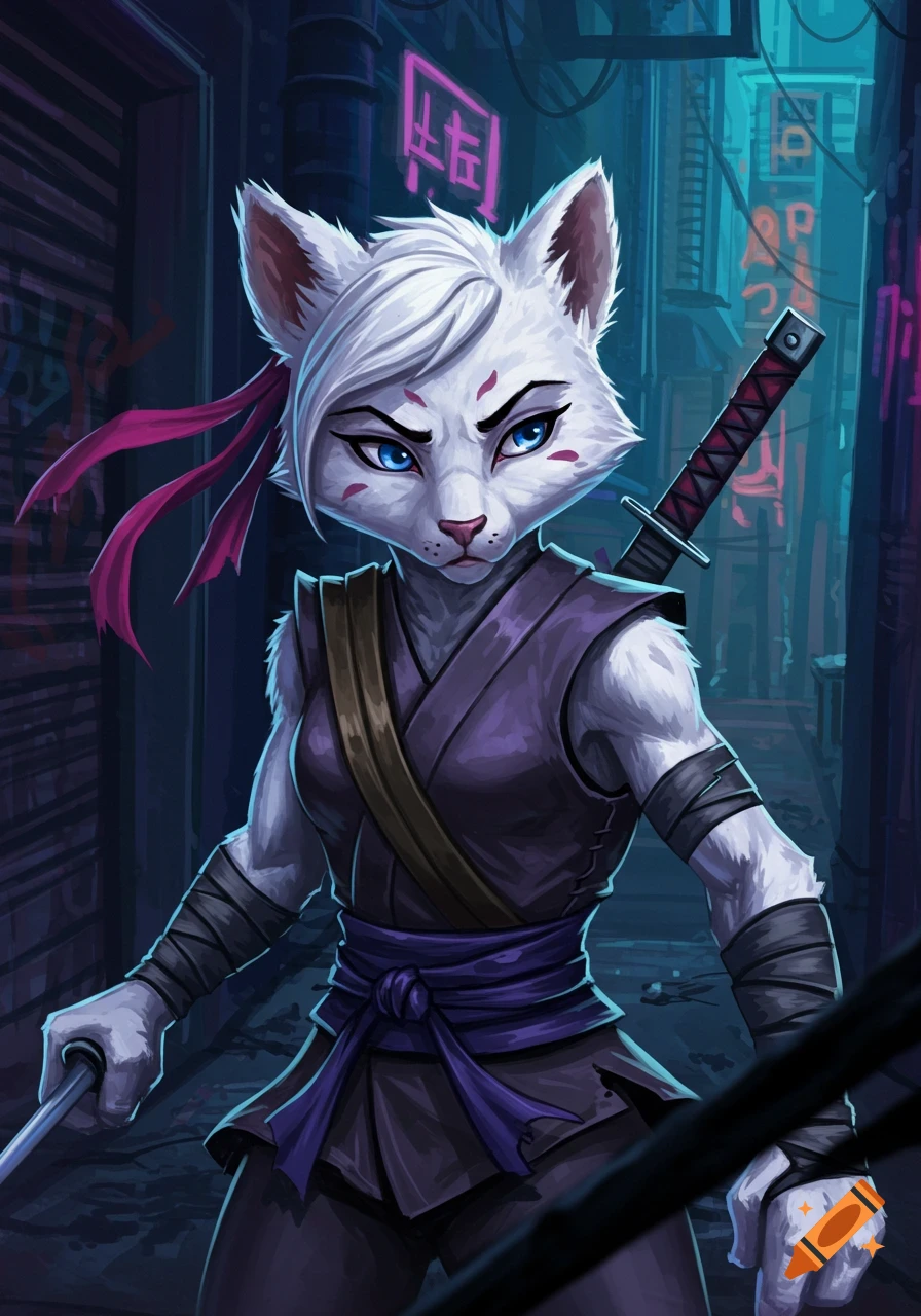 An anthropomorphic white cat with blue eyes, red headscarf, and purple ninja outfit holds a sword in a neon-lit alley.