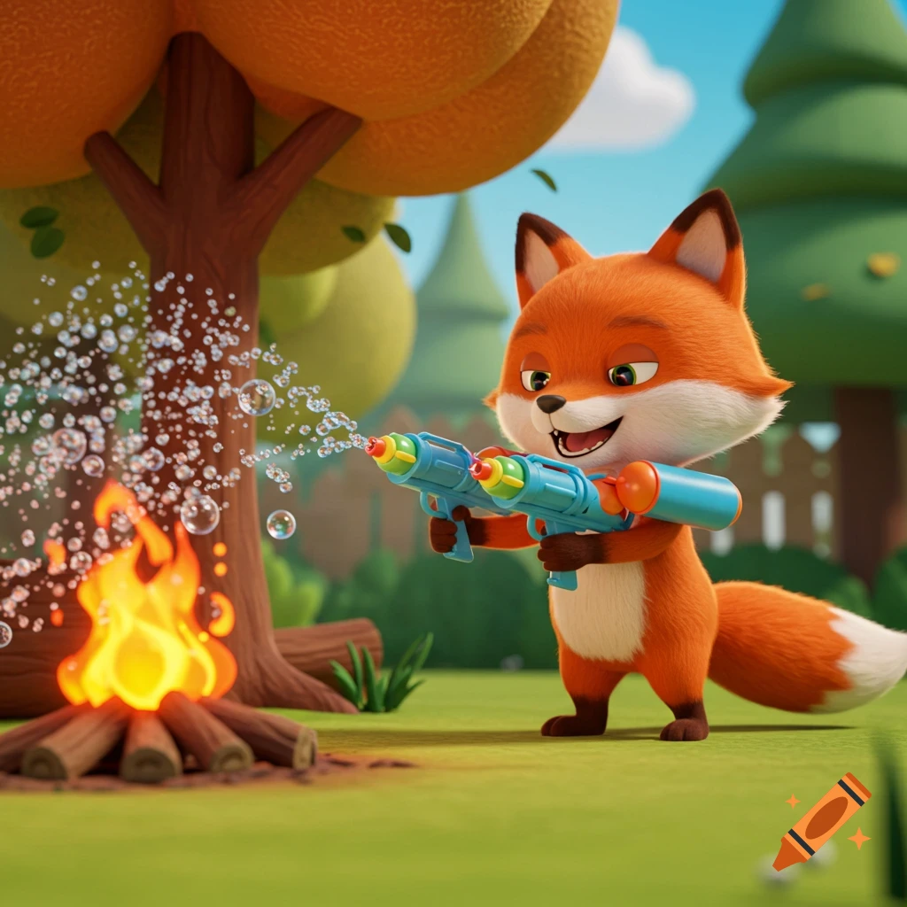 A cheerful 3D animated fox uses two water pistols to spray water at a small campfire in a lush green outdoor setting.