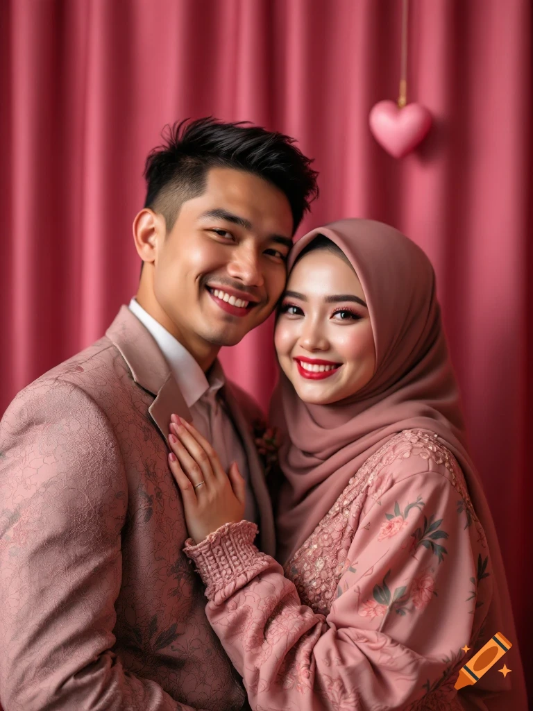 Photorealistic portrait of a smiling couple in pink attire, with a pink heart decoration in the background.