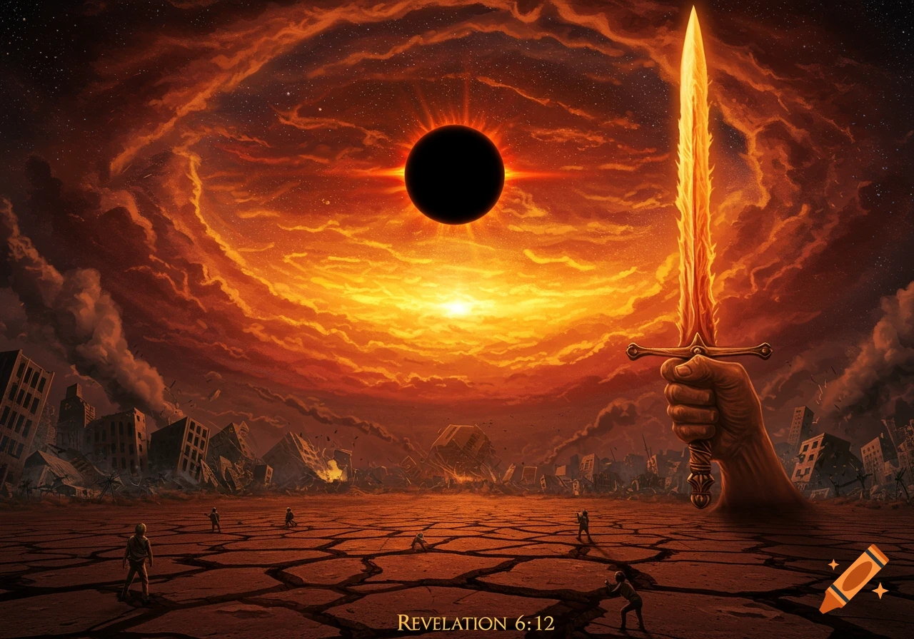 A dramatic apocalyptic scene with a fiery sky, black eclipse, ruined city, giant hand with glowing sword, and cracked earth with figures. Text: Revelation 6:12.
