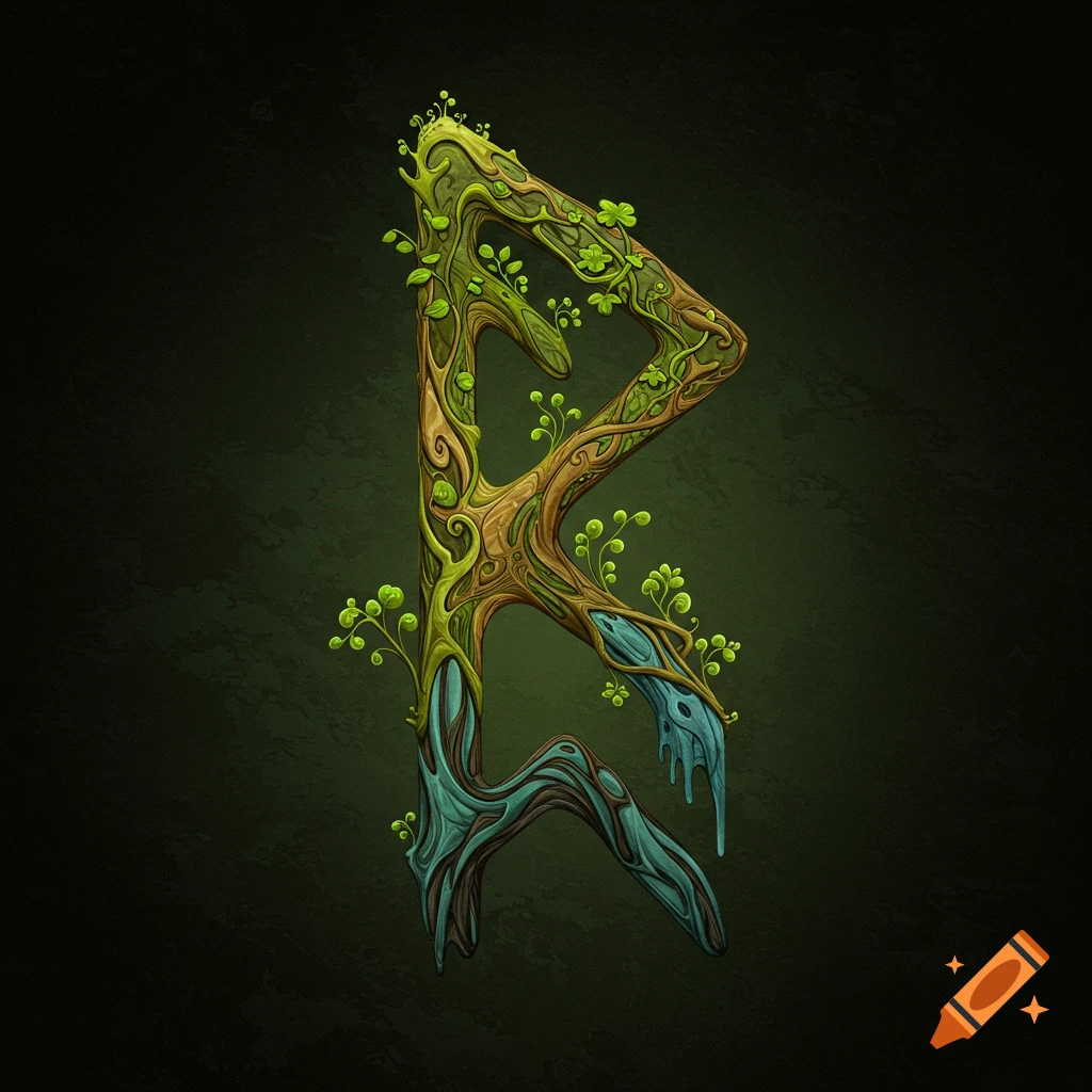 A stylized rune symbol shaped like the letter 'R', composed of gnarled tree branches, green leaves, and light blue, melting ice or water, set against a dark green background.