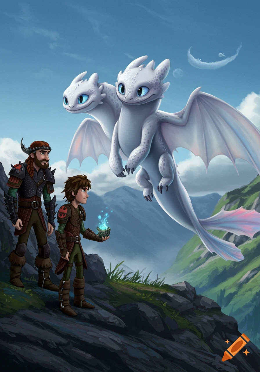 Hiccup and an older bearded man on a mountain, looking at two white Light Fury-like dragons flying under a blue sky, in an animated style.