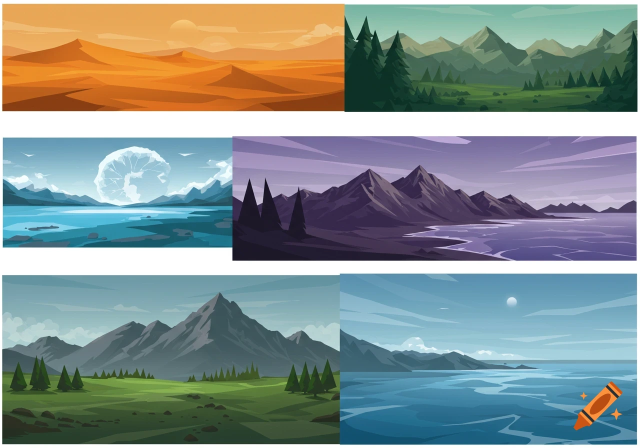 Six colorful, geometric, animated landscape panels featuring a desert, forest, mountains, lakes, and ocean.