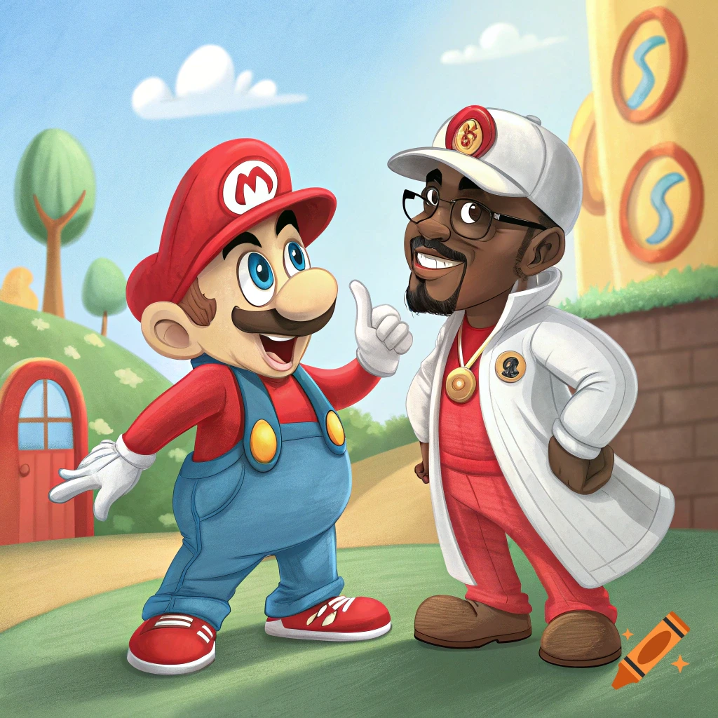 Cartoon illustration of Mario giving a thumbs up to a man resembling Diddy, both smiling in a vibrant, colorful outdoor setting.