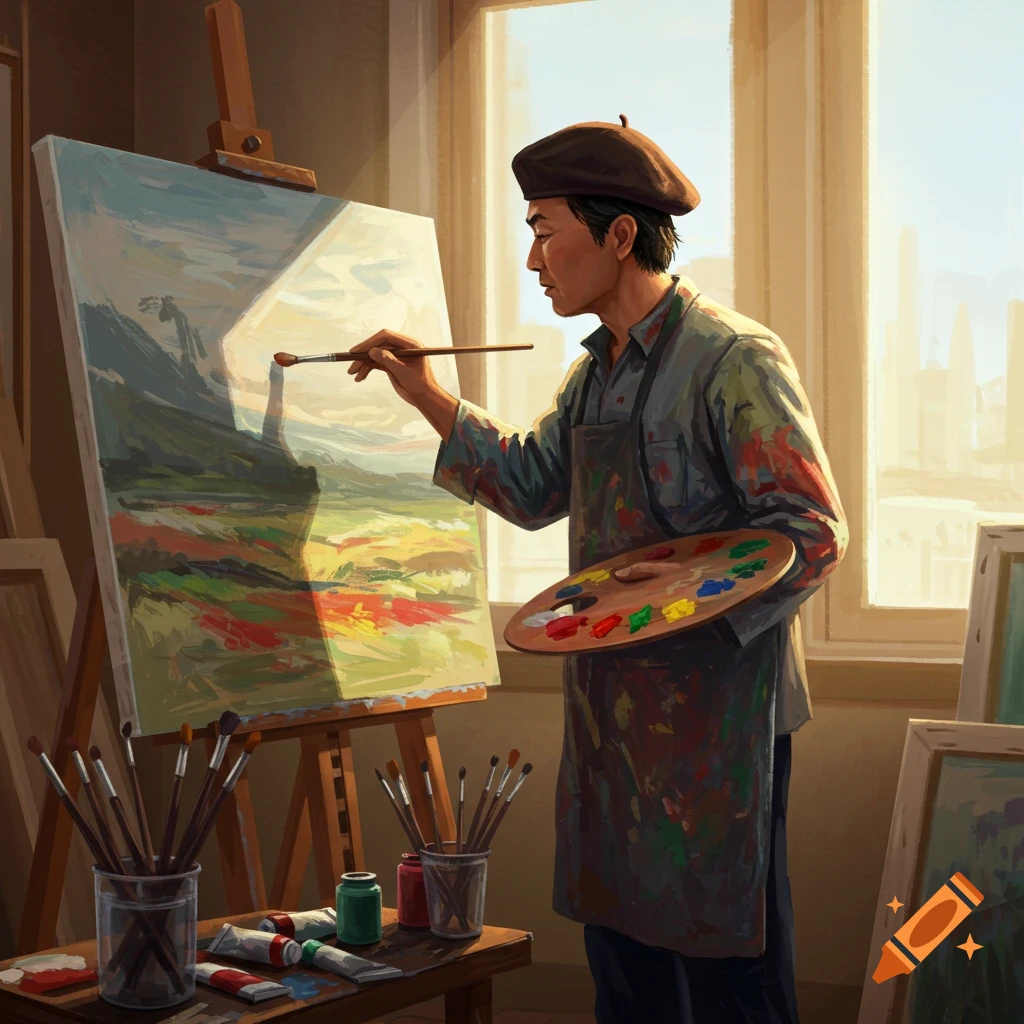 A male painter in an apron and beret paints a landscape on an easel in ...