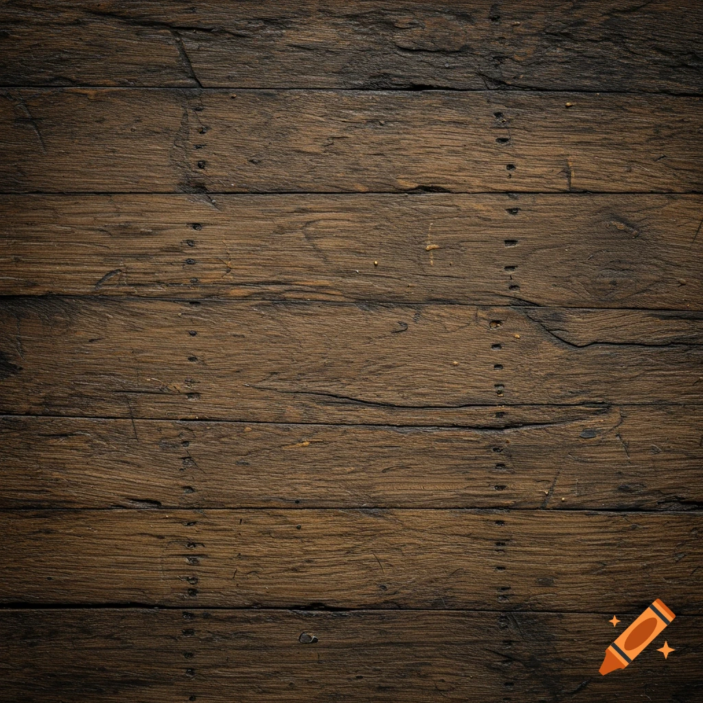 Photorealistic close-up of dark brown aged wooden planks, featuring cracks and nail details.