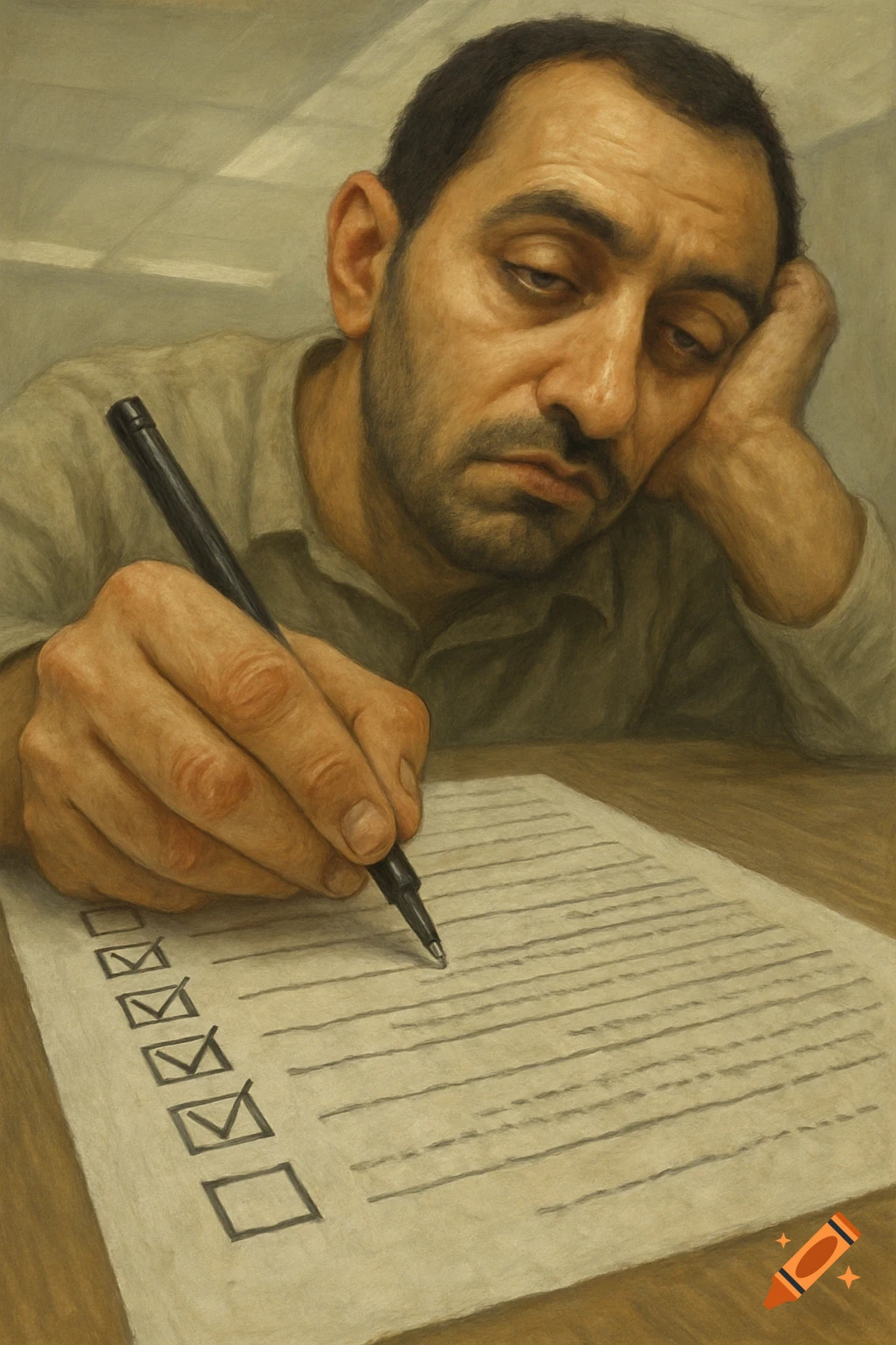 Close-up of a man with a bored expression, propping his head, as he mechanically checks boxes on a paper form with a pen, in a painterly style.