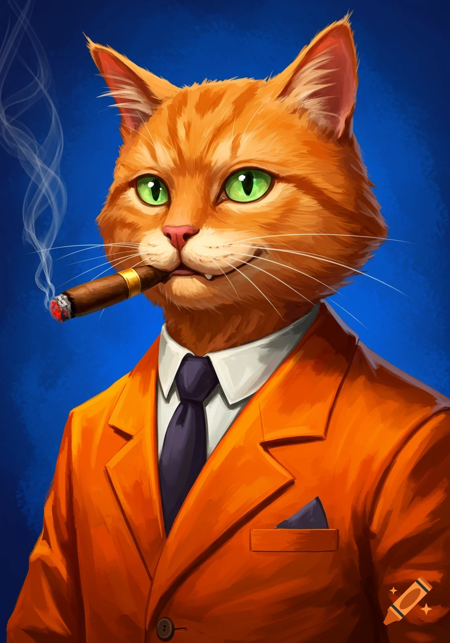 Illustrated portrait of an anthropomorphic ginger cat in an orange suit smoking a cigar.