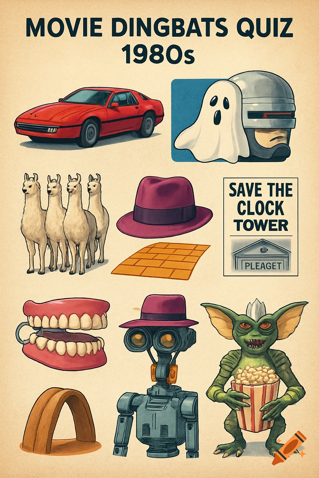 A vibrant retro-style quiz image featuring various elements from 1980s movies, including a red car, llamas, a robot, a gremlin, and a ghost with Robocop's helmet.