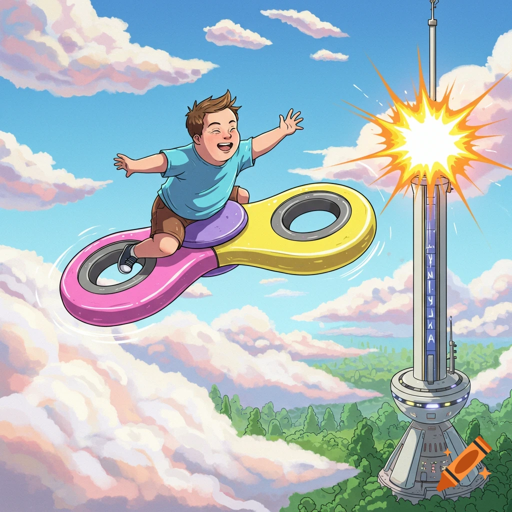 A smiling boy in a blue shirt flies through a cloudy sky on a large pink and yellow fidget spinner towards a modern tower with an exploding top.