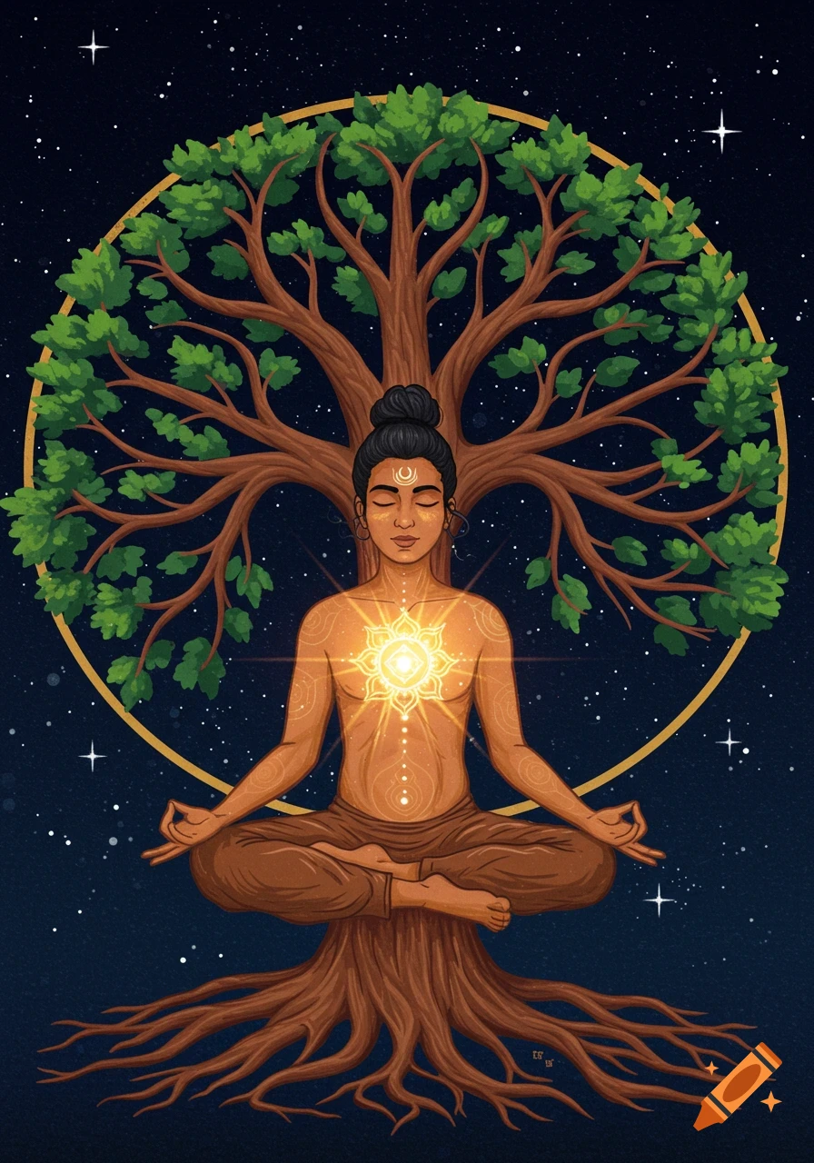 An ethereal illustration of a meditating figure with a glowing chakra, integrated with a tree of life against a starry night sky.