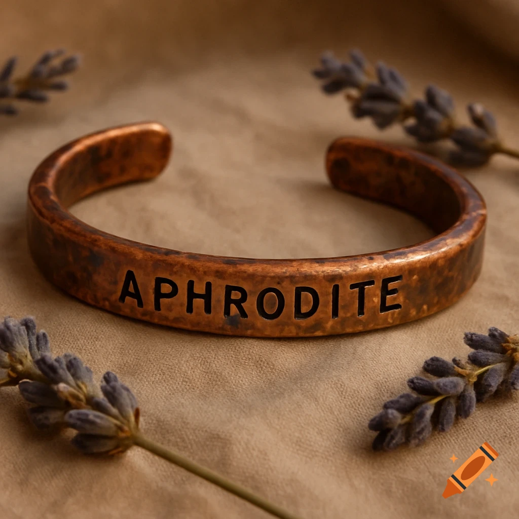 Photorealistic copper bracelet with hammered finish, stamped 'APHRODITE', on neutral fabric with lavender sprigs.