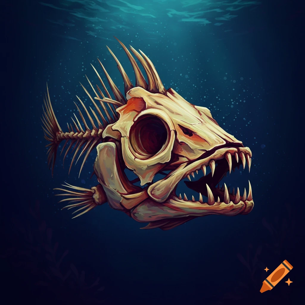A detailed illustration of a fish skeleton with sharp teeth floating in deep blue water, illuminated from above.