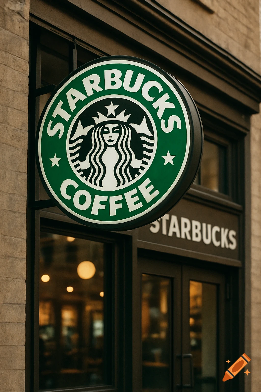 A close-up, photorealistic shot of a Starbucks coffee shop sign and entrance.