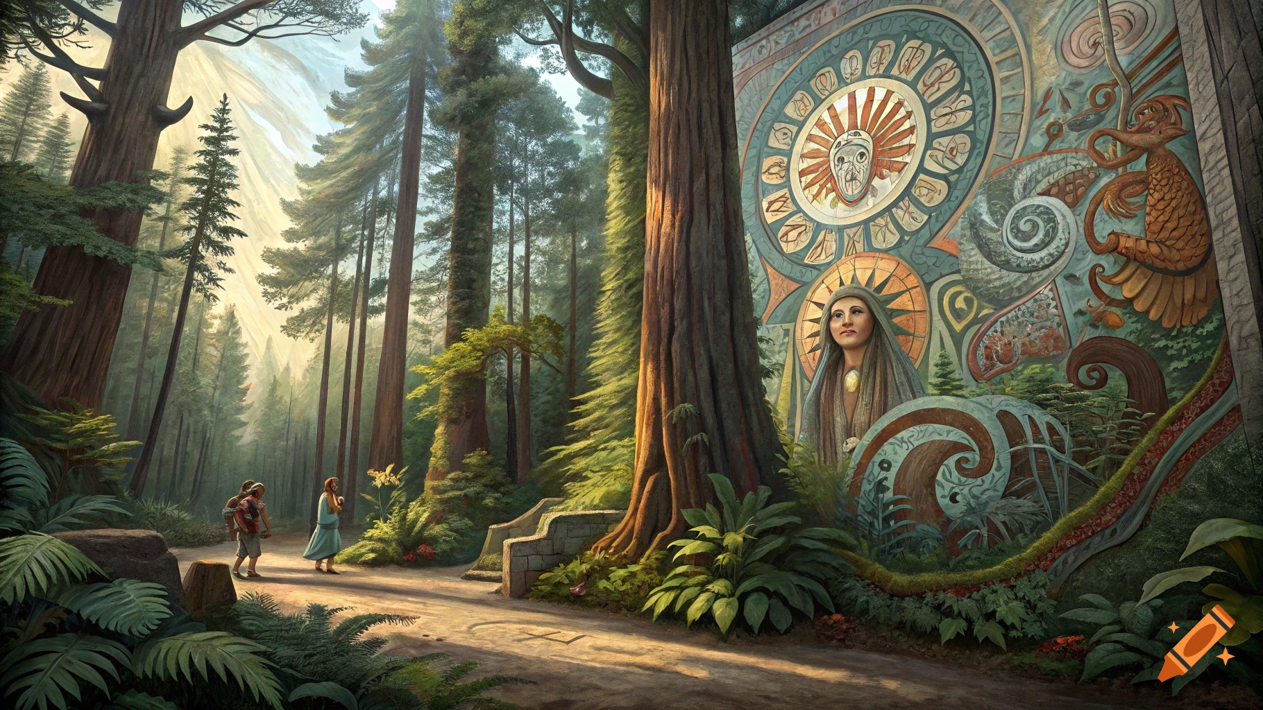 A lush forest with towering trees. A large mural on a tree trunk depicts indigenous-style designs, including a woman's face, patterns, and creatures. Two small figures walk on a dirt path below.