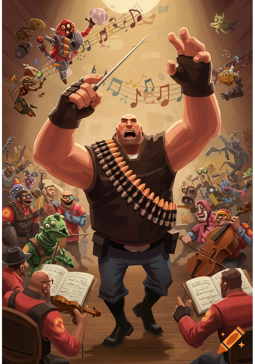 The Heavy Weapons Guy from Team Fortress 2 conducts an orchestra of various stylized characters and creatures playing musical instruments in a cartoon style.
