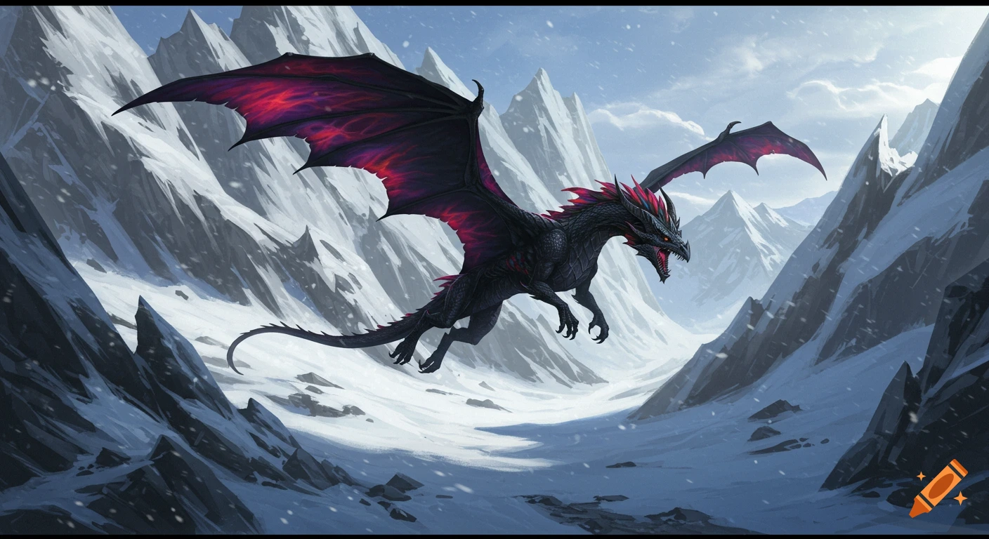 A fierce black dragon with glowing red wings flies through a snow-capped mountain valley under a blue sky.