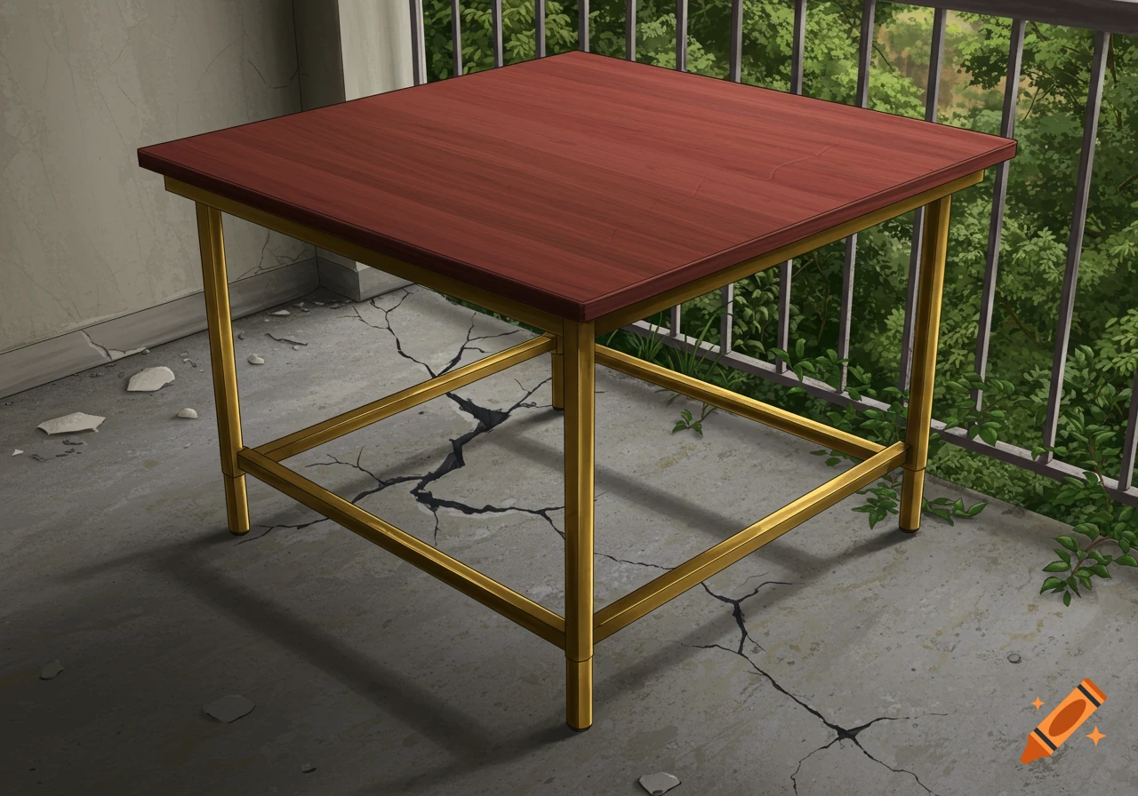A red-brown square table with golden legs stands on a cracked concrete balcony floor, overlooking a lush green forest.