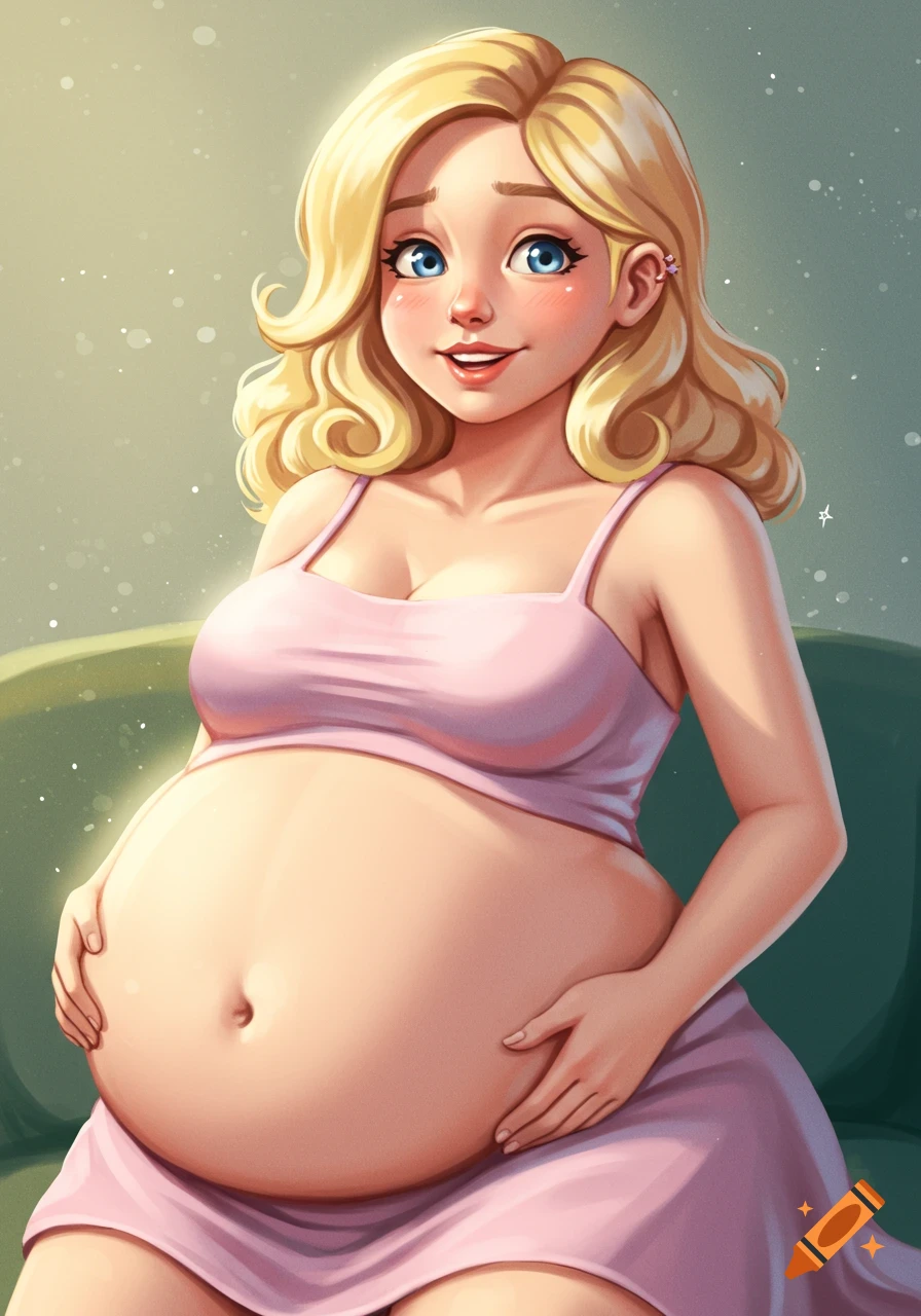 A smiling blonde cartoon woman in a pink top gently holding her large pregnant belly.