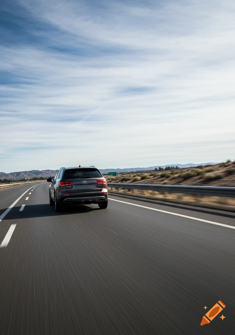 A rear view of a dark grey SUV driving on a multi-lane highway under a clear blue sky with motion blur on the road.