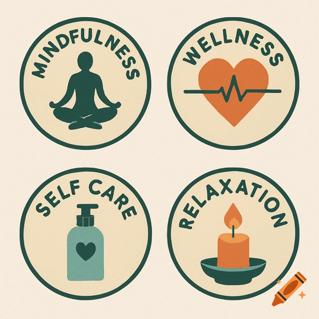 Four circular wellness badges with icons and text: Mindfulness (meditation), Wellness (heartbeat), Self Care (lotion bottle), Relaxation (candle).