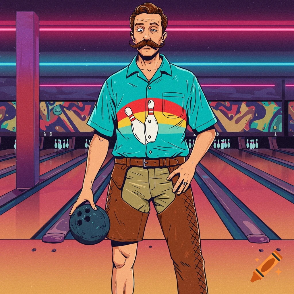 A man with a mustache in a bowling shirt with bowling pins, shorts, and leather chaps holds a bowling ball in a retro-styled bowling alley.