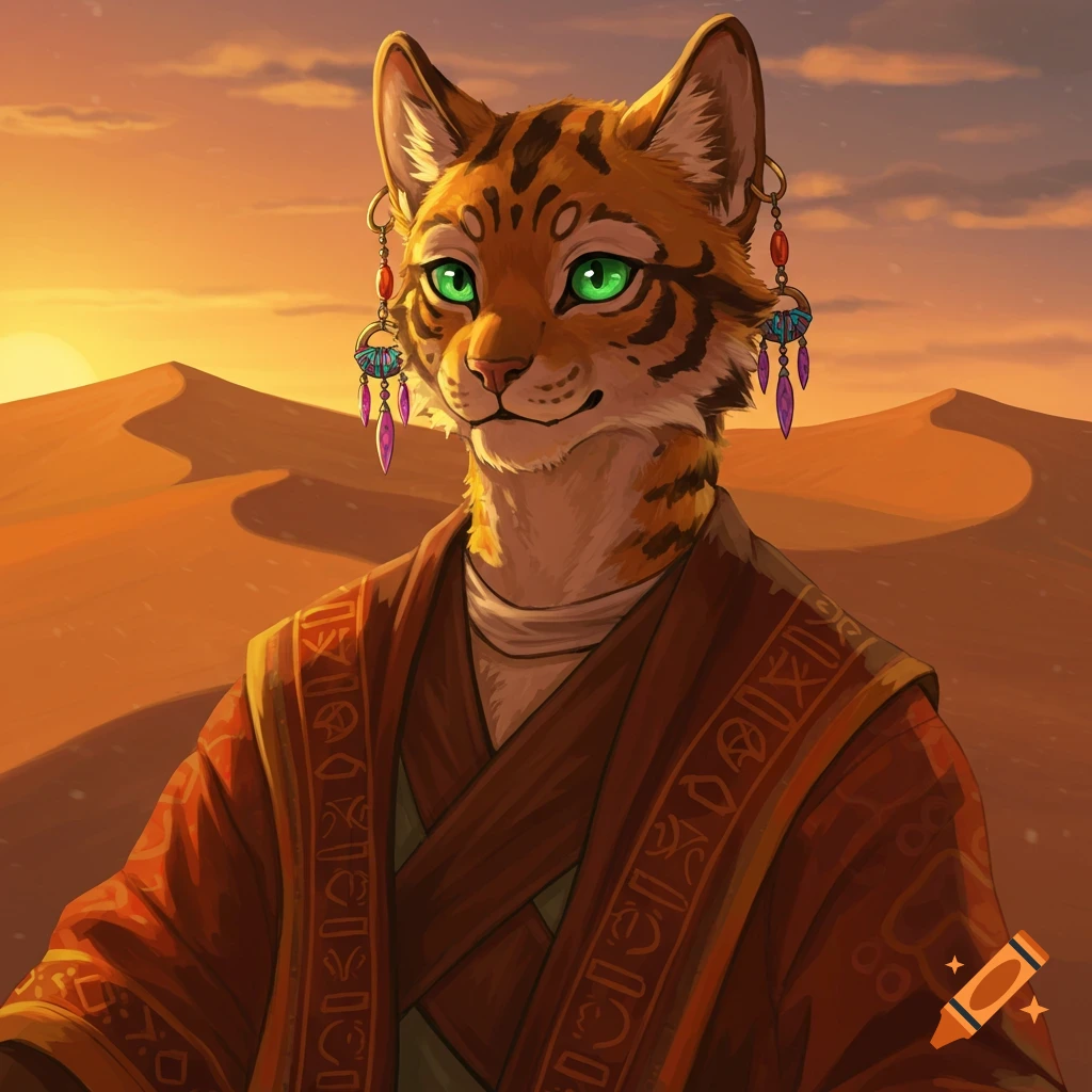 An anthropomorphic cat character with green eyes and elaborate earrings, wearing a reddish-brown robe with patterns, stands in a desert at sunset.