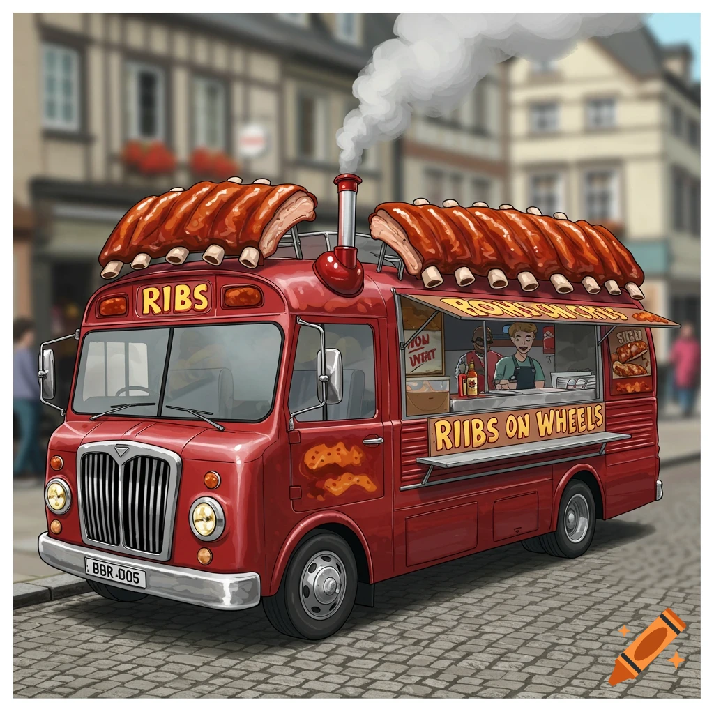 A red vintage food truck, shaped like a bus, has large racks of ribs on its roof and a smokestack, parked on a cobblestone street.