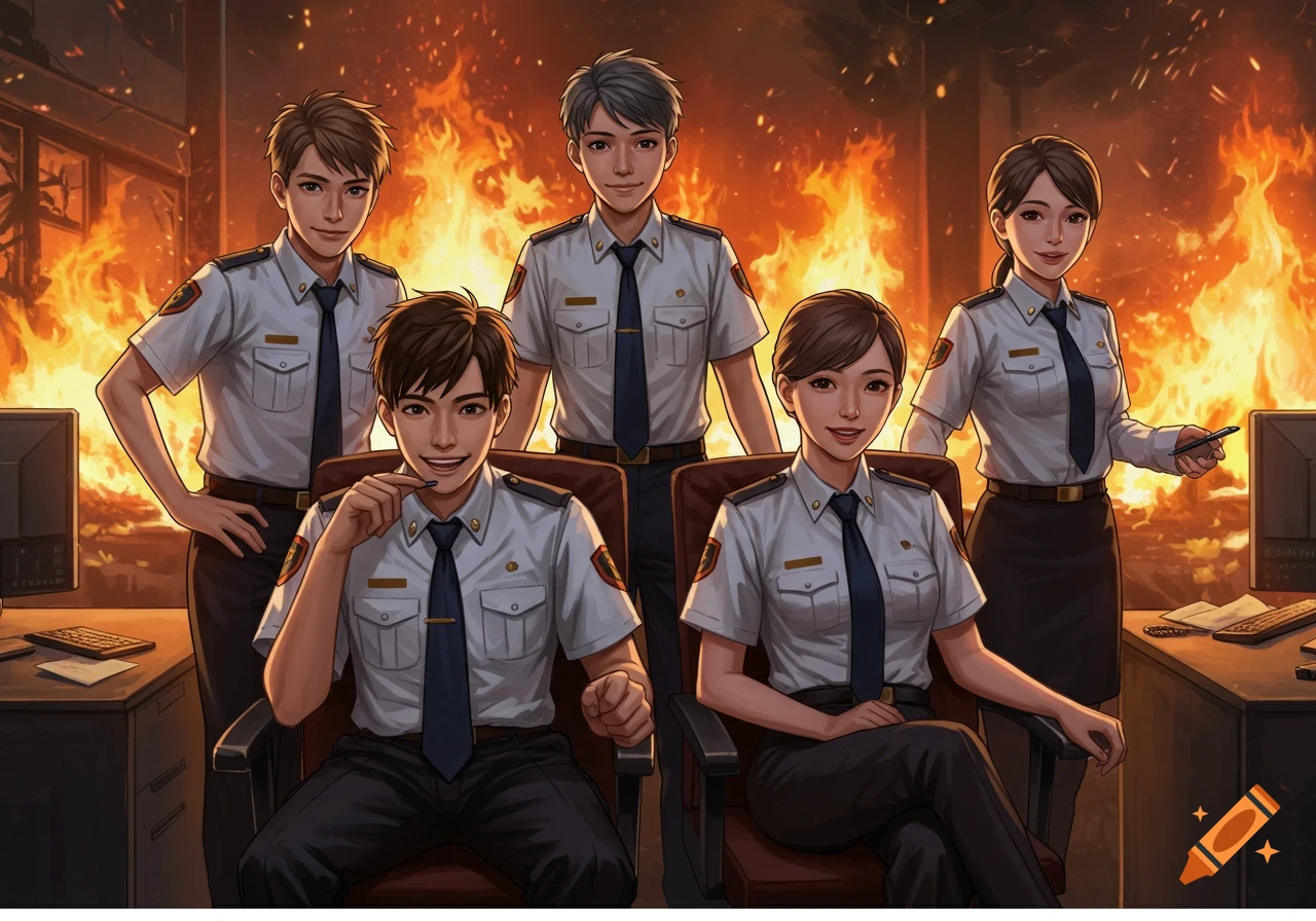 Five anime-style characters in uniform, three males and two females, pose smiling in a burning office building.