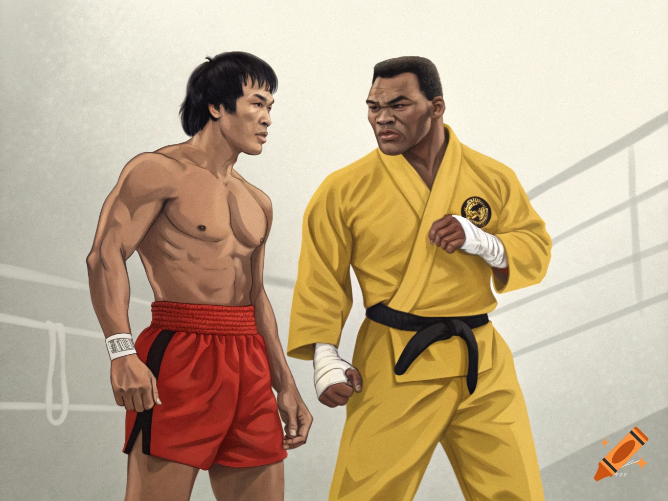 Stylized illustration of Bruce Lee in red shorts and Mike Tyson in a yellow gi standing face-to-face in a boxing ring.
