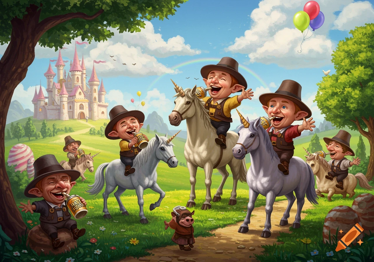 Gnome-like characters riding unicorns in a whimsical fairytale land with a castle and rainbows. They are laughing and drinking from cans.