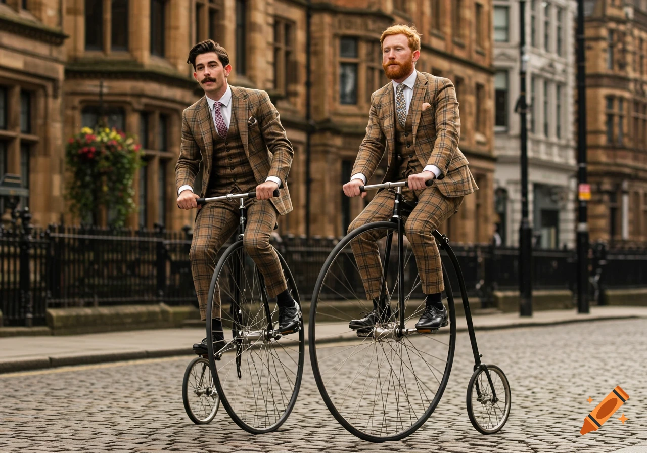 Two men in plaid suits ride penny-farthings on a cobblestone street in a city.