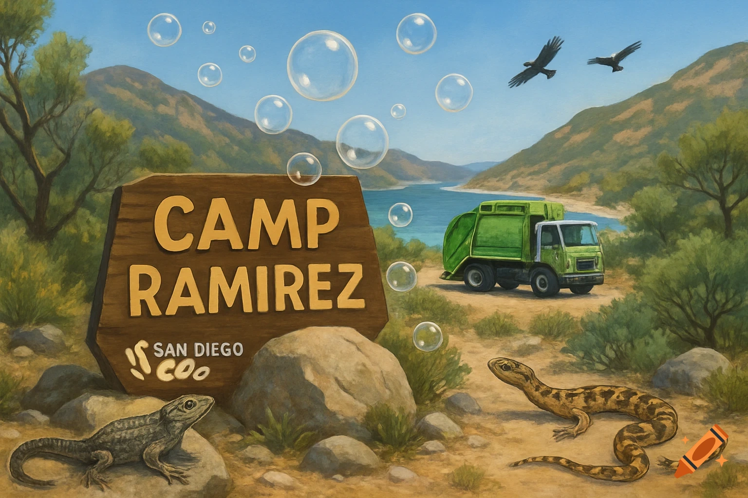 A painted landscape scene with a "Camp Ramirez" sign, two lizards, a green trash truck, and two birds flying, with bubbles floating in the sky above a lake and mountains.