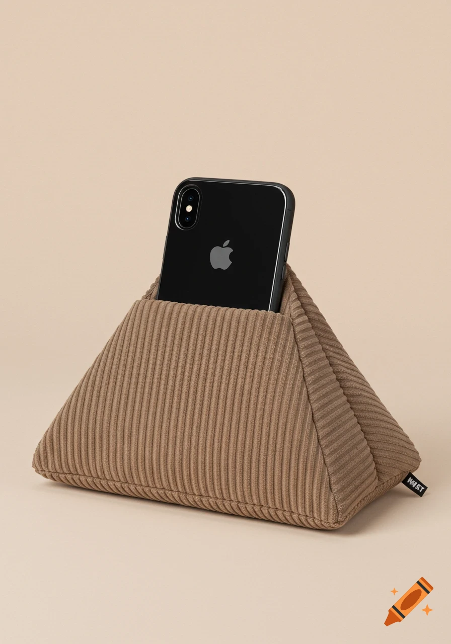 A black iPhone stands upright in a taupe corduroy triangular pillow against a light background.