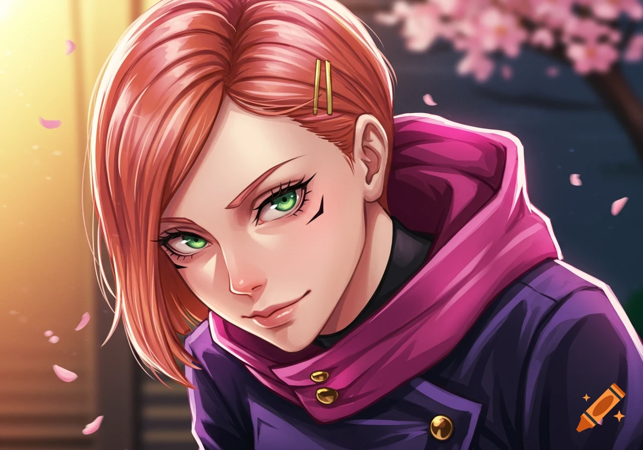 A close-up anime portrait of Nobara Kugisaki with reddish-brown hair, green eyes, wearing a purple and pink jacket, with cherry blossoms in the background.