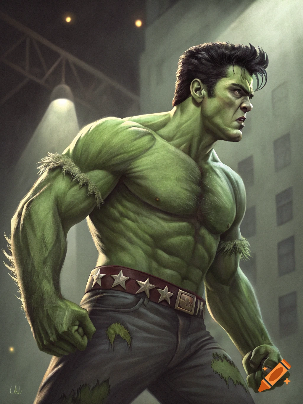 A muscular green Hulk with Elvis Presley's hairstyle and a star-studded belt stands determinedly in an urban setting, digital art.