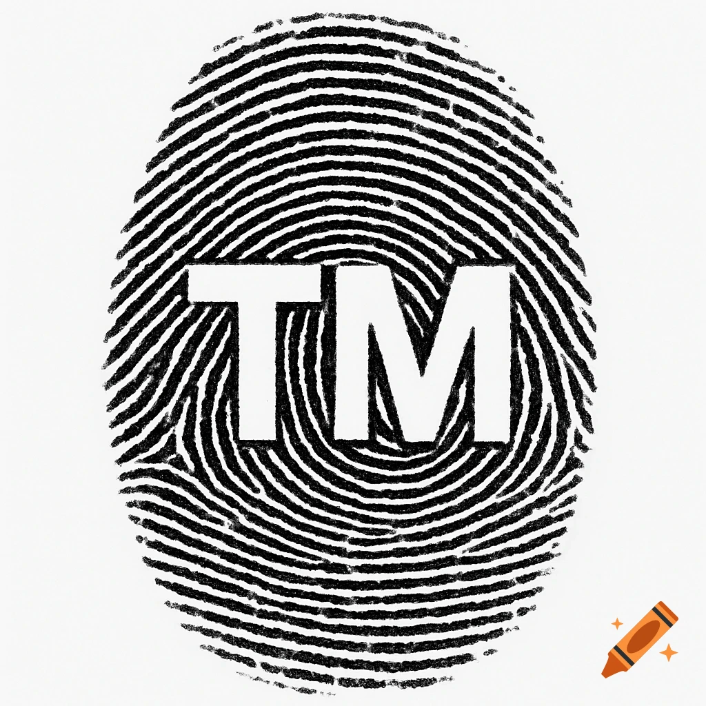 Black and white image of a fingerprint with the letters 'TM' integrated into its ridges.