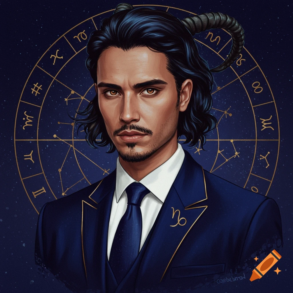 Stylized portrait of a man with horns, dark hair, and amber eyes wearing a blue suit, set against a gold zodiac wheel and starry night sky.