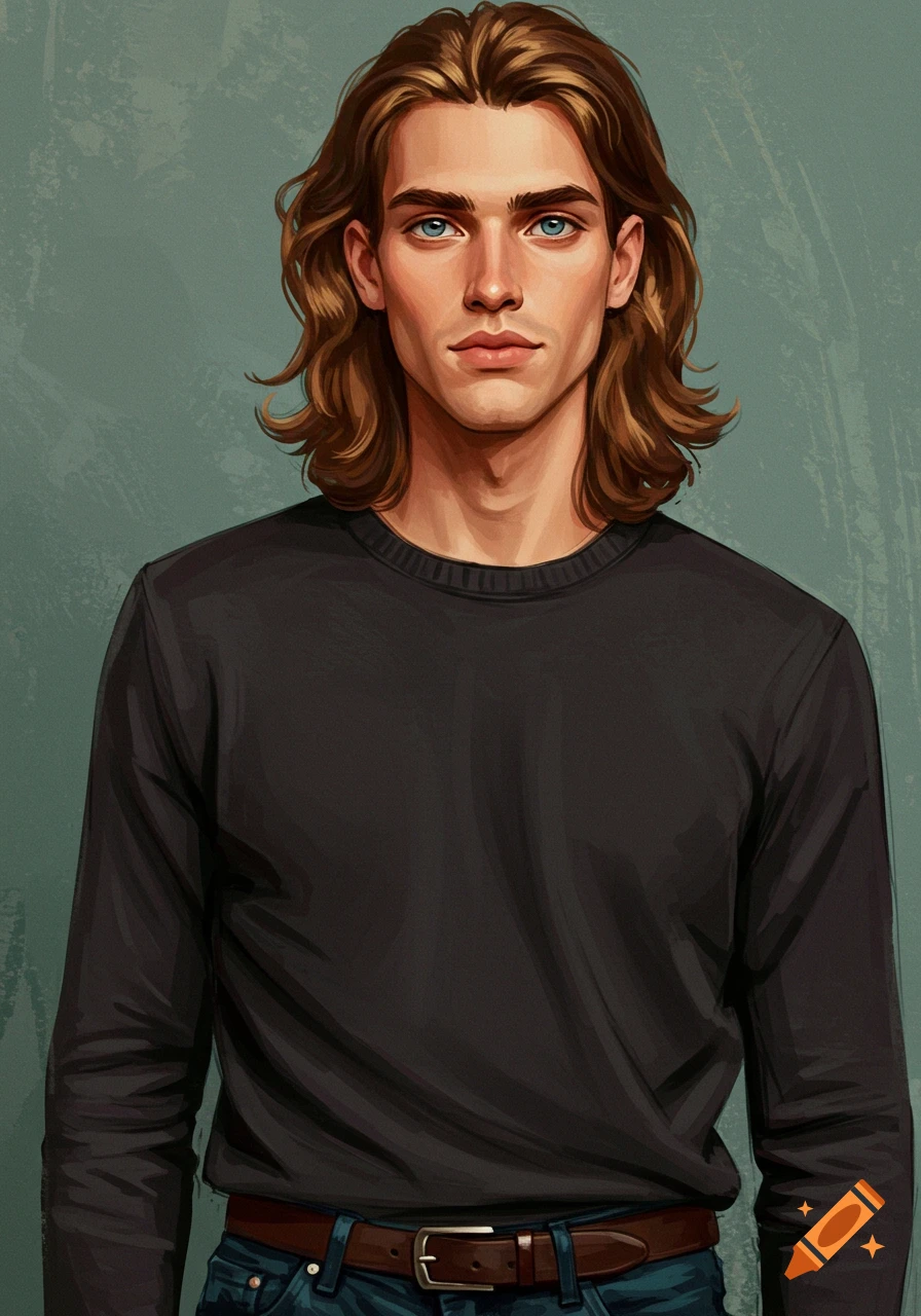 An illustration of a man with long brown wavy hair and blue eyes, wearing a black long-sleeved shirt and jeans.