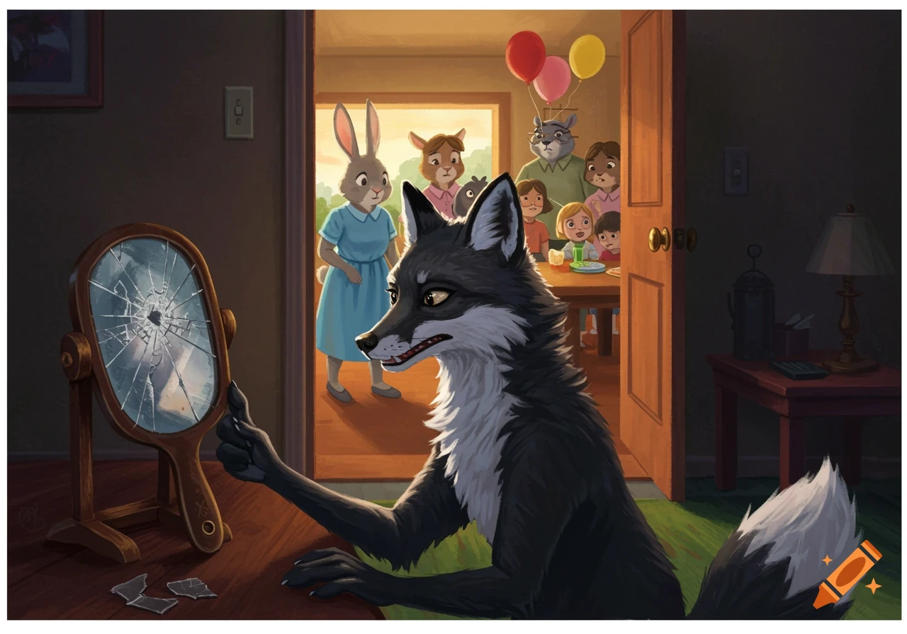 A black and white fox looks at a shattered hand mirror while a rabbit and other anthropomorphic animals watch from a doorway, in a storybook illustration style.