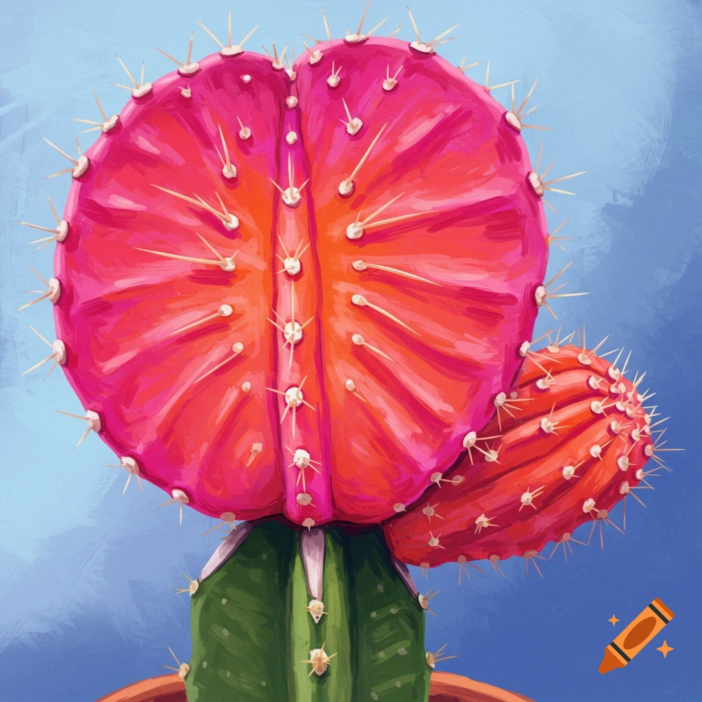 A vibrant pink and orange moon cactus with white spines on a green stem, painted against a blue background.