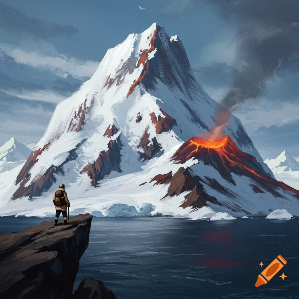 A lone figure on a cliff overlooks a lake towards a snow-capped mountain with an erupting volcano, in a digital painting.