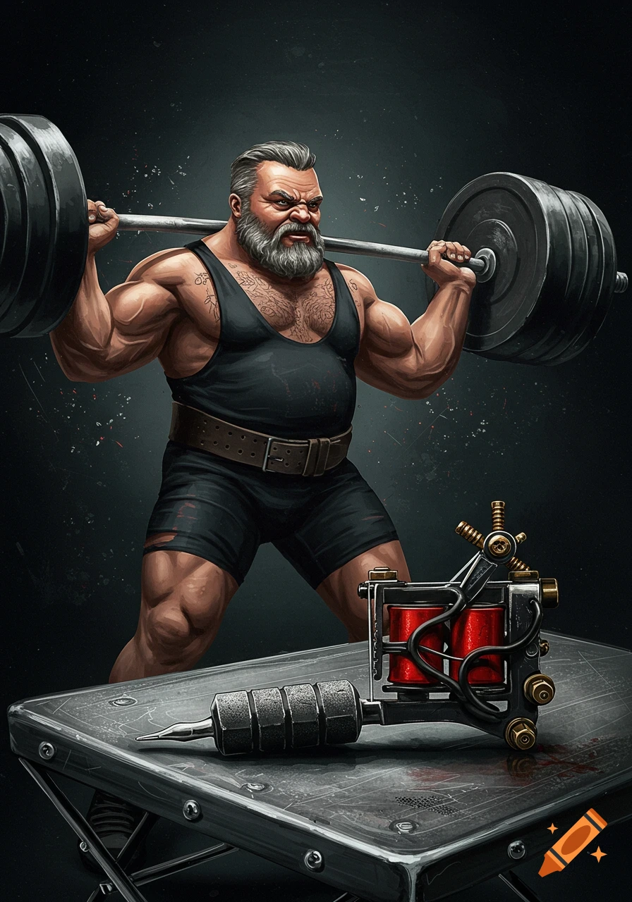 A muscular, bearded powerlifter lifts a barbell, with a tattoo machine on a table in the foreground, in a gritty illustration style.